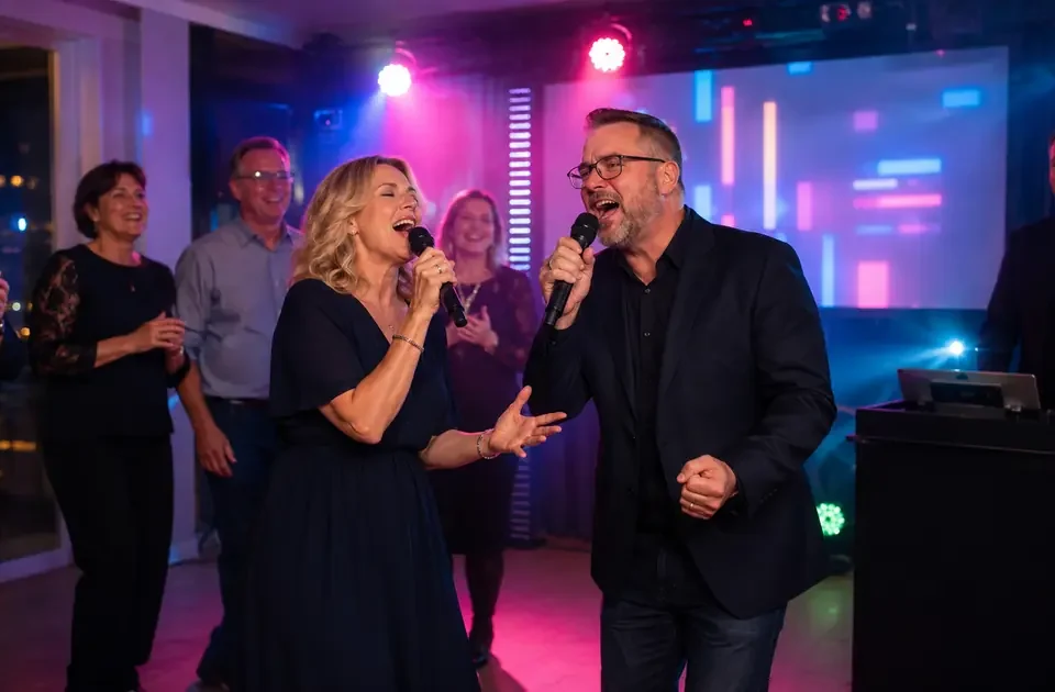Karaoke juhliin – laulajat, mikrofonit ja karaokejuontaja juhlavalaistuksessa
